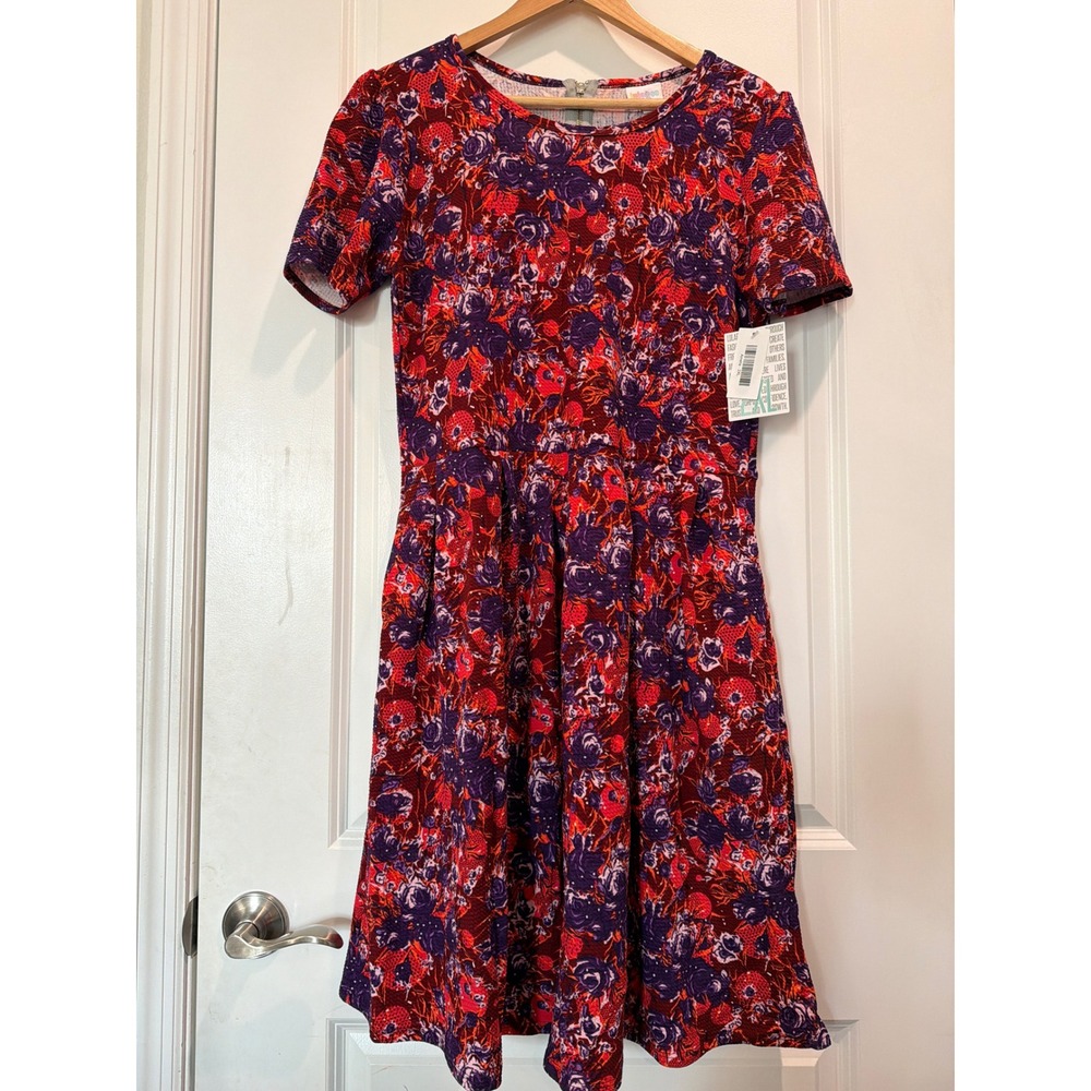LuLaRoe Amelia Dress 2XL Red Purple Floral Short Sleeve Pleated Pockets NWT